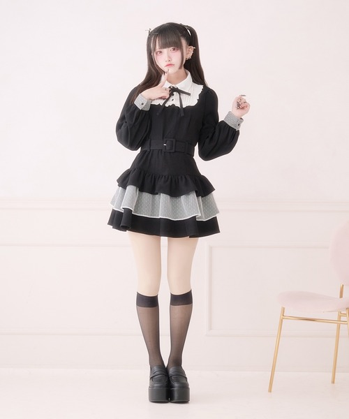 Pal elfy パルエルフィー グレー ドットチュールティアードワンピース Pal elfy（パルエルフィー）の「リボン付きドットチュールティアード