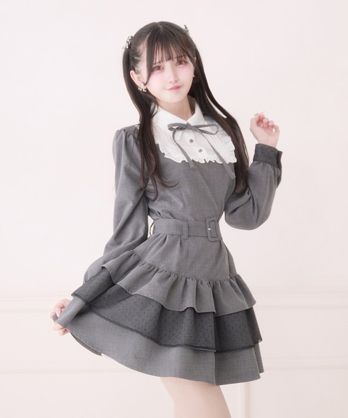 パルエルフィー リボン付きドットチュールティアードワンピース ブラック Pal elfy（パルエルフィー）の「リボン付きドットチュールティアード