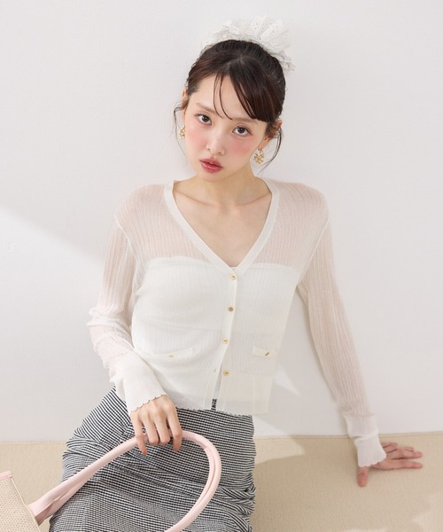 rienda（リエンダ）の「【森香澄さん着用】スカラップクロップドニットカーディガン 春服 夏服（カーディガン/ボレロ・レディース・ブラック/ブルー/ホワイト/レッド/ピンク・FREE）」の2枚目の写真