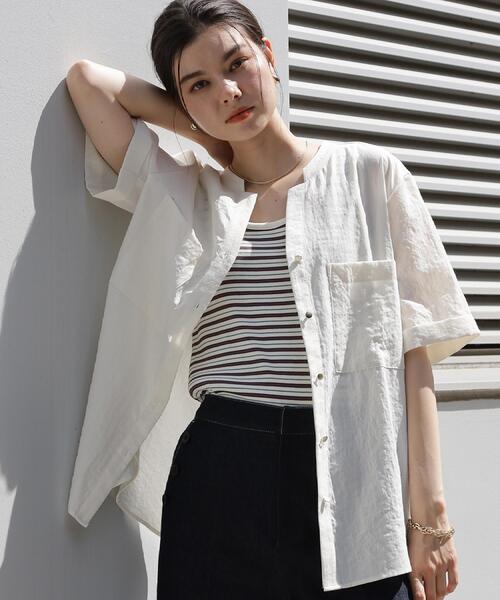 THE SHOP TK （ザ ショップ ティーケー ）の「【M-XL/羽織でも決まる】Wポケット金ボタン 5分袖シャツ（シャツ/ブラウス・レディース・スミクロ/グリーン系/アイボリー/イエロー系その他・14/13/12）」の5枚目の写真