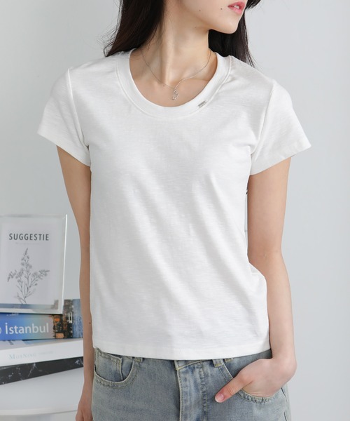 pumpkin port(パンプキンポート)の「クルーネック シルバープレートポイントスラブ素材半袖Tシャツ(Tシャツ/カットソー・レディース・ホワイト/ライトグレー/ブラック・M/L/LL)」の5枚目の写真