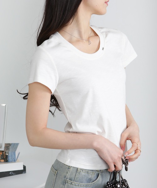 pumpkin port(パンプキンポート)の「クルーネック シルバープレートポイントスラブ素材半袖Tシャツ(Tシャツ/カットソー・レディース・ホワイト/ライトグレー/ブラック・M/L/LL)」の6枚目の写真