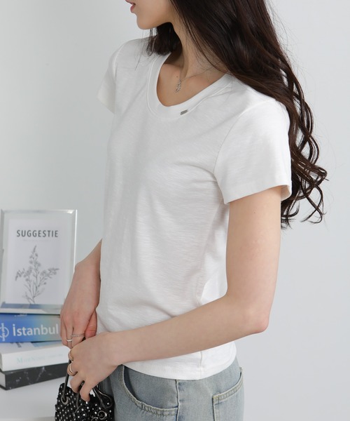 pumpkin port(パンプキンポート)の「クルーネック シルバープレートポイントスラブ素材半袖Tシャツ(Tシャツ/カットソー・レディース・ホワイト/ライトグレー/ブラック・M/L/LL)」の7枚目の写真