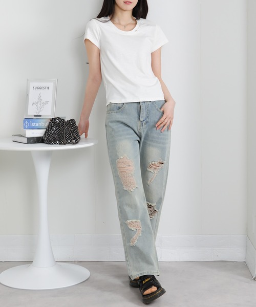 pumpkin port(パンプキンポート)の「クルーネック シルバープレートポイントスラブ素材半袖Tシャツ(Tシャツ/カットソー・レディース・ホワイト/ライトグレー/ブラック・M/L/LL)」の8枚目の写真