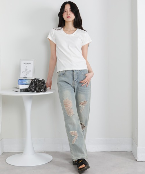 pumpkin port(パンプキンポート)の「クルーネック シルバープレートポイントスラブ素材半袖Tシャツ(Tシャツ/カットソー・レディース・ホワイト/ライトグレー/ブラック・M/L/LL)」の9枚目の写真