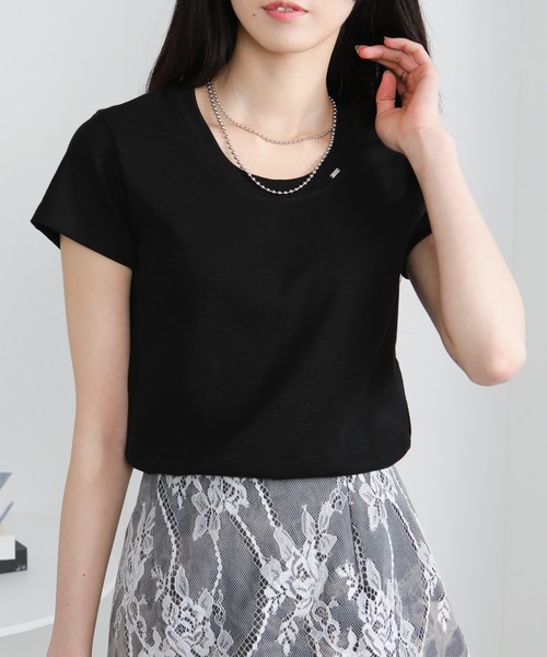 pumpkin port(パンプキンポート)の「クルーネック シルバープレートポイントスラブ素材半袖Tシャツ(Tシャツ/カットソー・レディース・ホワイト/ライトグレー/ブラック・M/L/LL)」の15枚目の写真