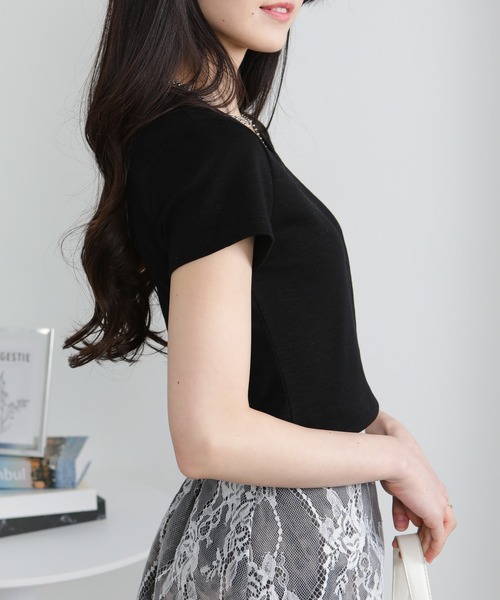 pumpkin port(パンプキンポート)の「クルーネック シルバープレートポイントスラブ素材半袖Tシャツ(Tシャツ/カットソー・レディース・ホワイト/ライトグレー/ブラック・M/L/LL)」の16枚目の写真