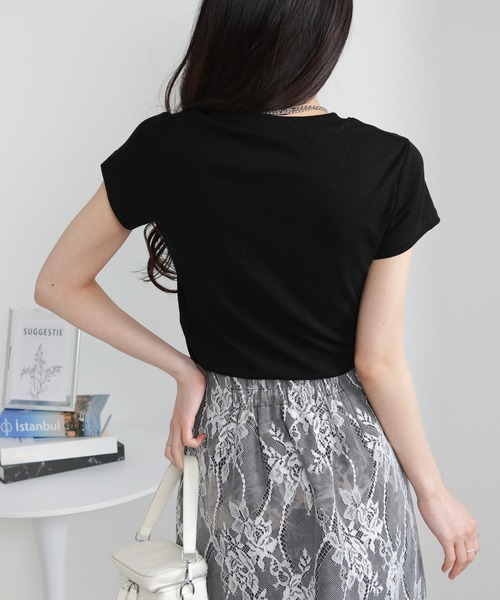 pumpkin port(パンプキンポート)の「クルーネック シルバープレートポイントスラブ素材半袖Tシャツ(Tシャツ/カットソー・レディース・ホワイト/ライトグレー/ブラック・M/L/LL)」の18枚目の写真