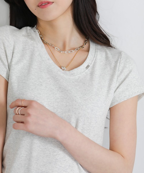 pumpkin port(パンプキンポート)の「クルーネック シルバープレートポイントスラブ素材半袖Tシャツ(Tシャツ/カットソー・レディース・ホワイト/ライトグレー/ブラック・M/L/LL)」の19枚目の写真