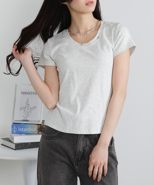 pumpkin port(パンプキンポート)の「クルーネック シルバープレートポイントスラブ素材半袖Tシャツ(Tシャツ/カットソー・レディース・ホワイト/ライトグレー/ブラック・M/L/LL)」の21枚目の写真