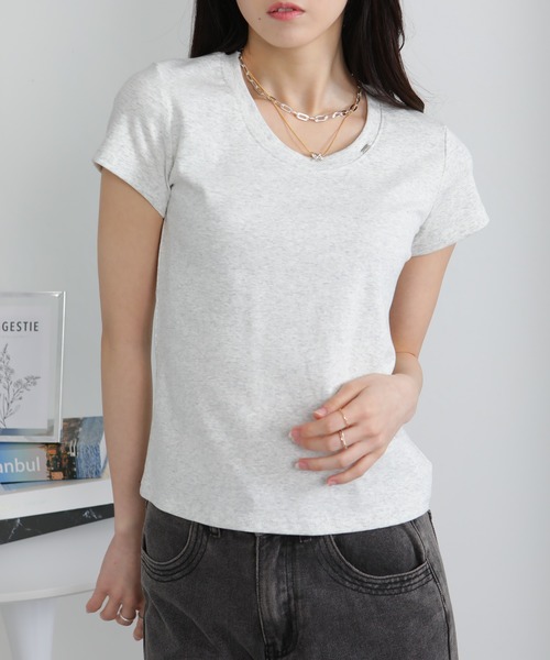 pumpkin port(パンプキンポート)の「クルーネック シルバープレートポイントスラブ素材半袖Tシャツ(Tシャツ/カットソー・レディース・ホワイト/ライトグレー/ブラック・M/L/LL)」の22枚目の写真