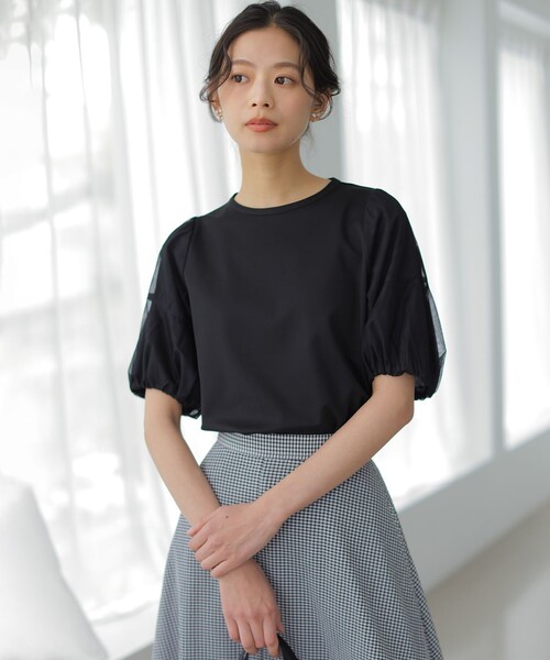 組曲 S(クミキョク チイサイサイズ)の「コットンポンチ チュールコンビ カットソー(Tシャツ/カットソー・レディース・グレー系/ブラック系/ホワイト系・S2)」の4枚目の写真