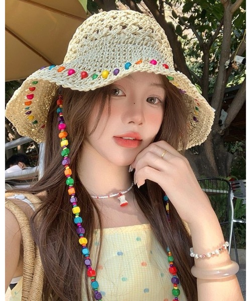 CHEER（チアー）の「カラフルビーズ麦わら帽子（ハット・レディース・ベージュ/ブラウン・フリー）」の3枚目の写真