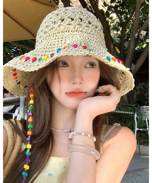 CHEER（チアー）の「カラフルビーズ麦わら帽子（ハット・レディース・ベージュ/ブラウン・フリー）」の8枚目の写真