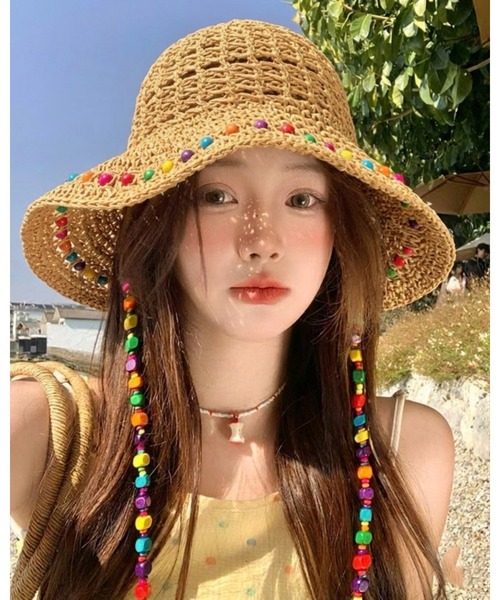 CHEER（チアー）の「カラフルビーズ麦わら帽子（ハット・レディース・ベージュ/ブラウン・フリー）」の9枚目の写真