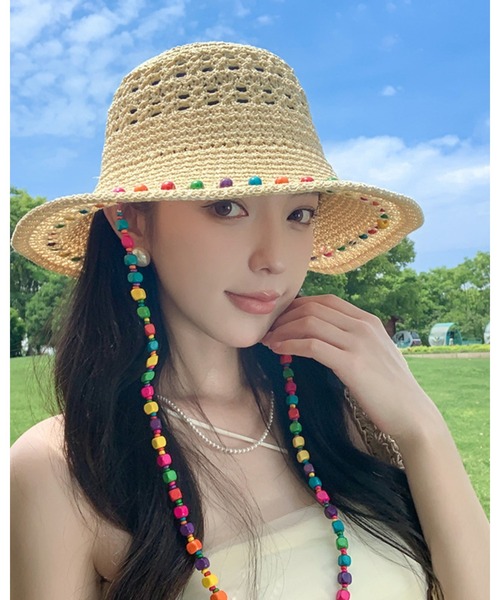 CHEER（チアー）の「カラフルビーズ麦わら帽子（ハット・レディース・ベージュ/ブラウン・フリー）」の13枚目の写真
