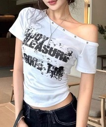【26年春夏新作】スタッズアクセント かすれロゴプリント サイドギャザー半袖トップス