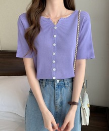 フロントボタンVネック半袖リブニット