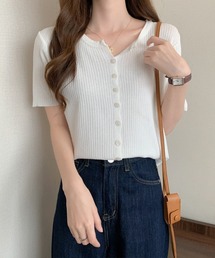 フロントボタンVネック半袖リブニット