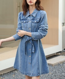 デニム ワンピース レディース 長袖 ミニ丈 フレア シャツワンピース
