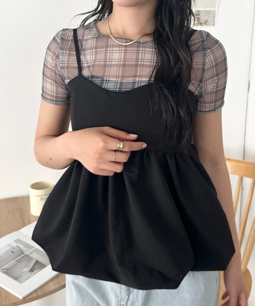 CLEA(クレア)の「チェックシアー半袖トップス(Tシャツ/カットソー・レディース・アイボリー/グレー・FREE)」の3枚目の写真