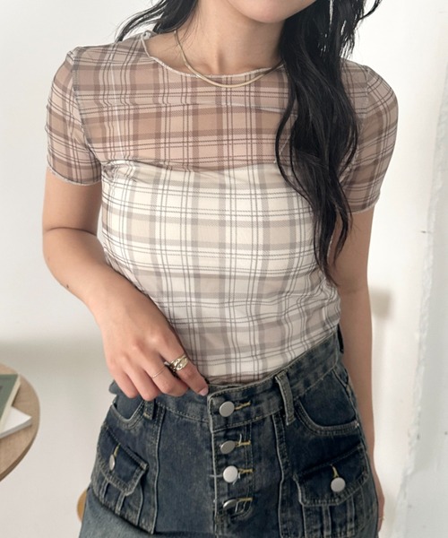 CLEA(クレア)の「チェックシアー半袖トップス(Tシャツ/カットソー・レディース・アイボリー/グレー・FREE)」の15枚目の写真