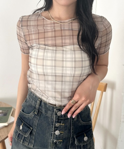CLEA(クレア)の「チェックシアー半袖トップス(Tシャツ/カットソー・レディース・アイボリー/グレー・FREE)」の16枚目の写真