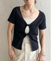 フロントオープン クロス ツイストデザイン 半袖 リブTシャツ