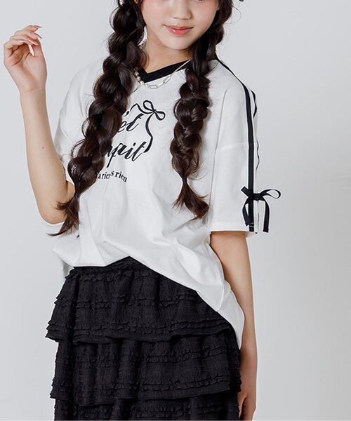algy(アルジー)の「りぼんロゴBIG半袖Tシャツ(Tシャツ/カットソー・キッズ・ブラック/オフホワイト/ピンク・130/140/150/160)」の2枚目の写真