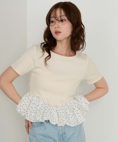 Cherir Mignon(シェリルミニョン)の「【Cherir Mignon】ドッキングバルーン半袖プルオーバー(Tシャツ/カットソー・レディース・ブラック/アイボリー・FREE)」の1枚目の写真