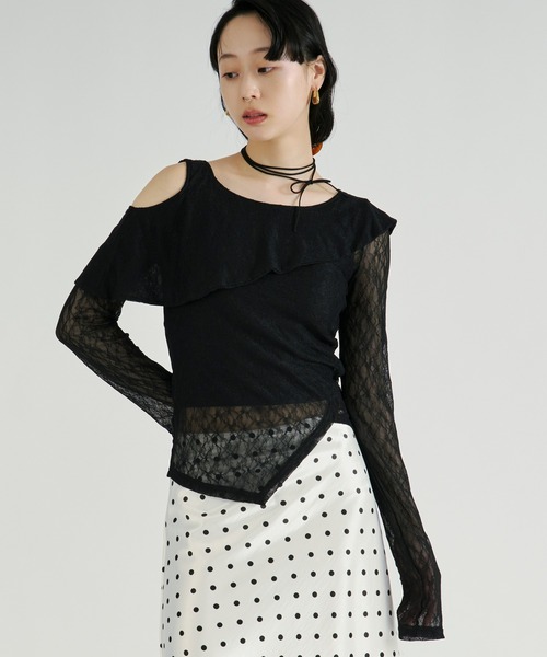 Ezick（エジック）の「Flower cutout lace tops/アシメフリルカットアウトトップス（Tシャツ/カットソー・レディース・ブルー/ブラック・FREE）」の15枚目の写真
