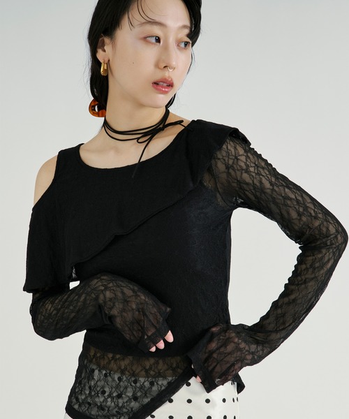 Ezick（エジック）の「Flower cutout lace tops/アシメフリルカットアウトトップス（Tシャツ/カットソー・レディース・ブルー/ブラック・FREE）」の14枚目の写真