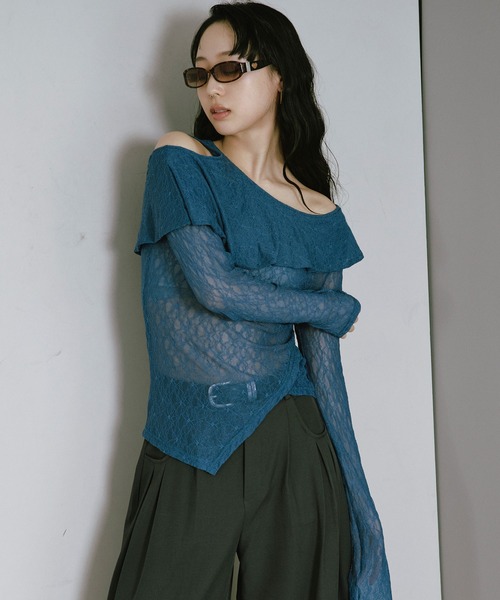 Ezick（エジック）の「Flower cutout lace tops/アシメフリルカットアウトトップス（Tシャツ/カットソー・レディース・ブルー/ブラック・FREE）」の20枚目の写真