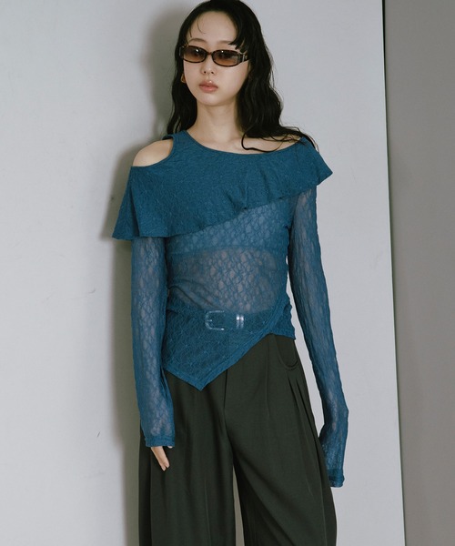 Ezick（エジック）の「Flower cutout lace tops/アシメフリルカットアウトトップス（Tシャツ/カットソー・レディース・ブルー/ブラック・FREE）」の22枚目の写真