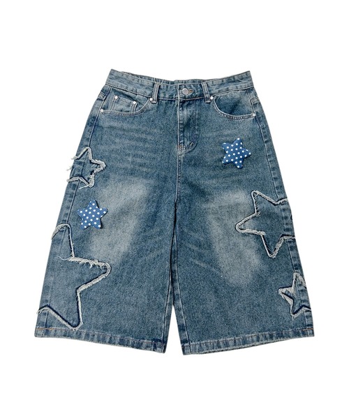 HOOK（フック）の「HOOK　スター刺繍×ブローチ カットオフ デニムショーツ ワイドハーフパンツ Y2K ユニセックス ストリート (SS)（デニムパンツ・メンズ・インディゴブルー・L/M/XL）」の9枚目の写真