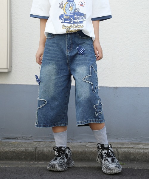 HOOK（フック）の「HOOK　スター刺繍×ブローチ カットオフ デニムショーツ ワイドハーフパンツ Y2K ユニセックス ストリート (SS)（デニムパンツ・メンズ・インディゴブルー・L/M/XL）」の17枚目の写真
