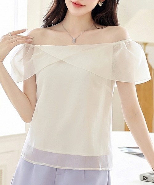 AMAJI(アマジ)の「メッシュ切替 シフォン トップス(Tシャツ/カットソー・レディース・ベージュ・X-LARGE/LARGE/MEDIUM/SMALL)」の4枚目の写真