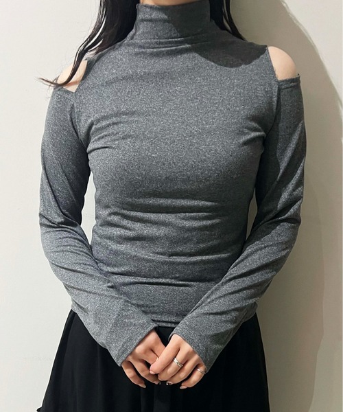 セール】オープンショルダーハイネック長袖トップス（Tシャツ
