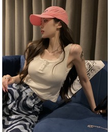 大人ヘルシーな肌見せ♪ フロントボタン リブタンクトップ クロップド丈 ショートキャミ