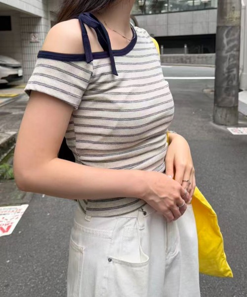 mebole(メボレ)の「ボーダー肩リボンオフショルトップス(Tシャツ/カットソー・レディース・パープル/アイボリー・FREE)」の11枚目の写真
