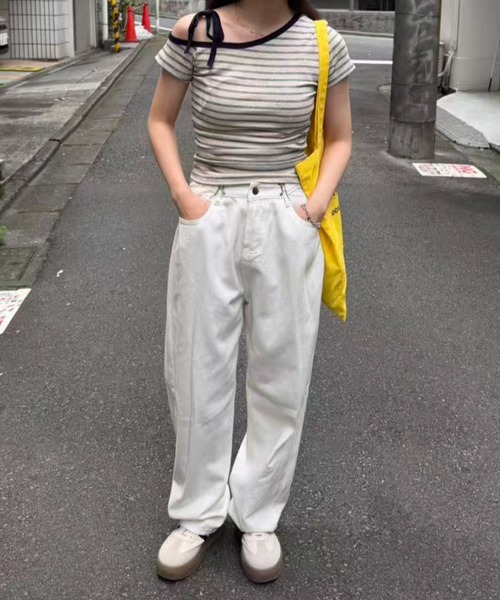 mebole(メボレ)の「ボーダー肩リボンオフショルトップス(Tシャツ/カットソー・レディース・パープル/アイボリー・FREE)」の18枚目の写真