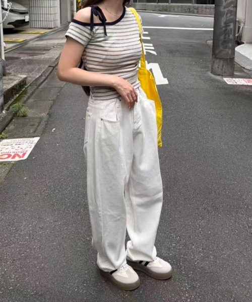 mebole(メボレ)の「ボーダー肩リボンオフショルトップス(Tシャツ/カットソー・レディース・パープル/アイボリー・FREE)」の19枚目の写真
