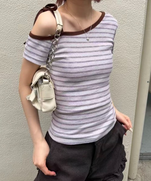 mebole(メボレ)の「ボーダー肩リボンオフショルトップス(Tシャツ/カットソー・レディース・パープル/アイボリー・FREE)」の20枚目の写真