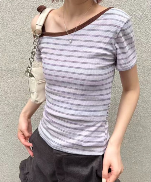 mebole(メボレ)の「ボーダー肩リボンオフショルトップス(Tシャツ/カットソー・レディース・パープル/アイボリー・FREE)」の21枚目の写真