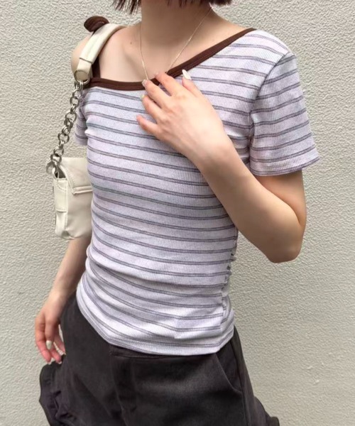 mebole(メボレ)の「ボーダー肩リボンオフショルトップス(Tシャツ/カットソー・レディース・パープル/アイボリー・FREE)」の22枚目の写真