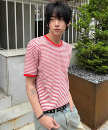 FERNOV（ペルノブ）の「マルチストライプクロップリンガーティー レッド（Tシャツ/カットソー）」
