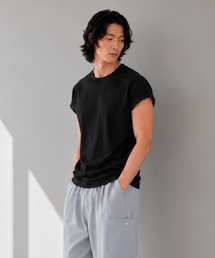 CUSTOMUS（カスタムアース）の「メンズエアロクールドロップショルダーキャプスリーブ半袖TシャツCXS26MKRT602 BLA（Tシャツ/カットソー）」