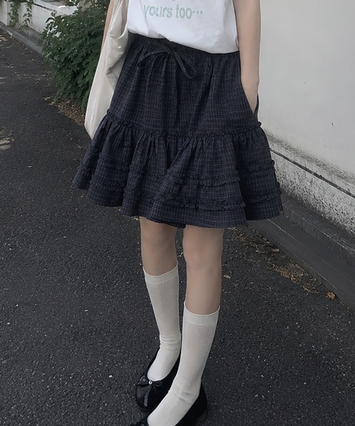SPINNS(スピンズ)の「チェックミドルスカート/3段フリル/NEO森ガール(スカート・レディース・グレー/ネイビー・ONESIZE)」の1枚目の写真