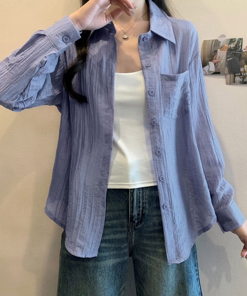 ONEP STAR(ワンピスター)の「シアー素材ベーシック長袖シャツ(シャツ/ブラウス・レディース・ホワイト/パープル/ブルー・MEDIUM/LARGE/X-LARGE)」の21枚目の写真
