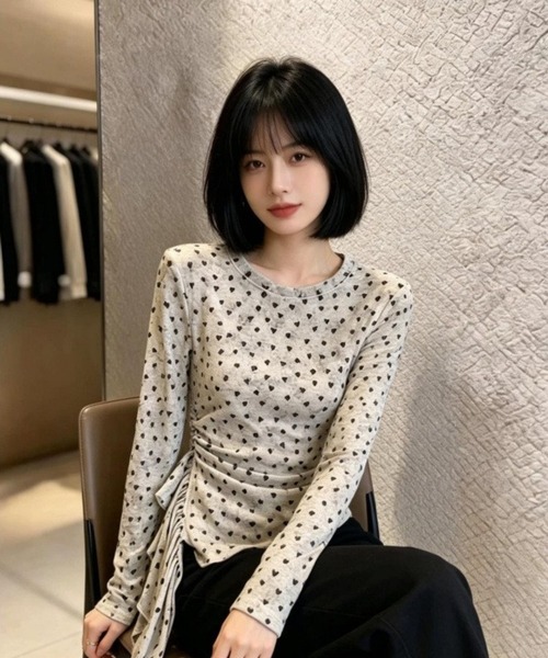 CHEER（チアー）の「サイドギャザーフリル ハート柄シアートップス（Tシャツ/カットソー・レディース・ブラウン/アイボリー・FREE）」の15枚目の写真